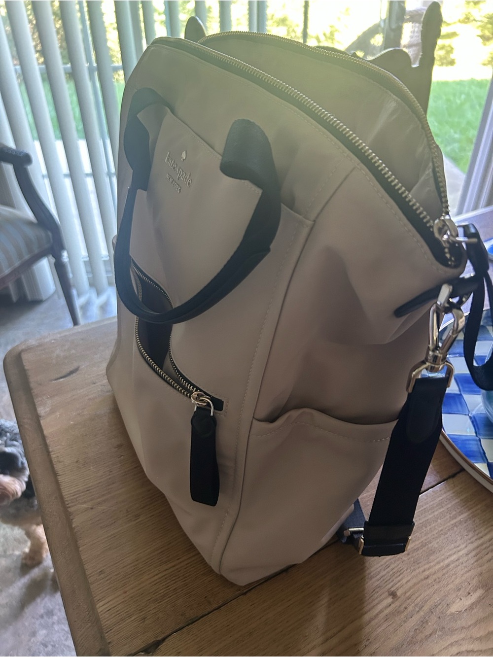 kate spade taupe nylon backpack with black trim